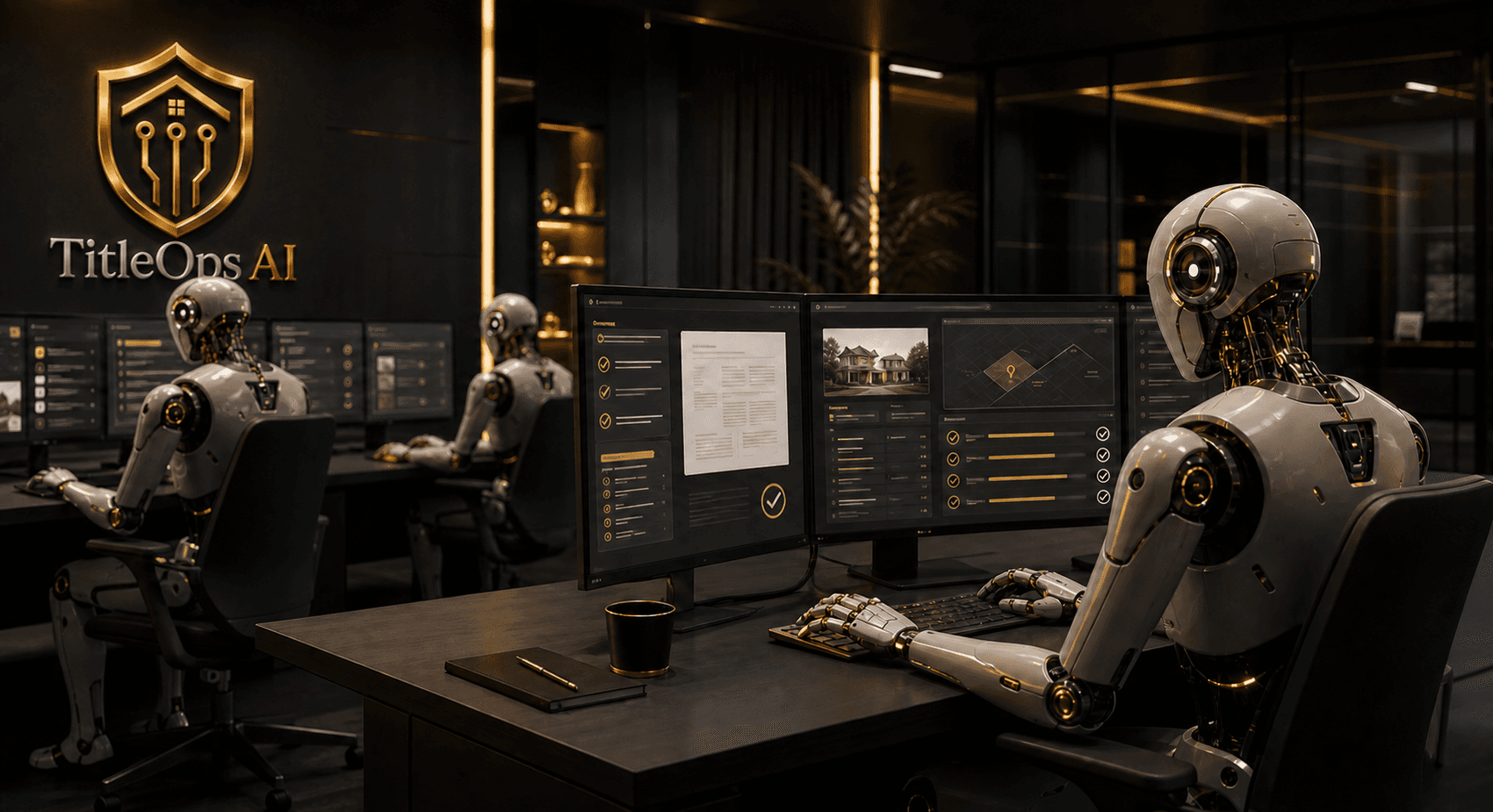 TitleOps AI robots managing title service workflows in a modern operations office
